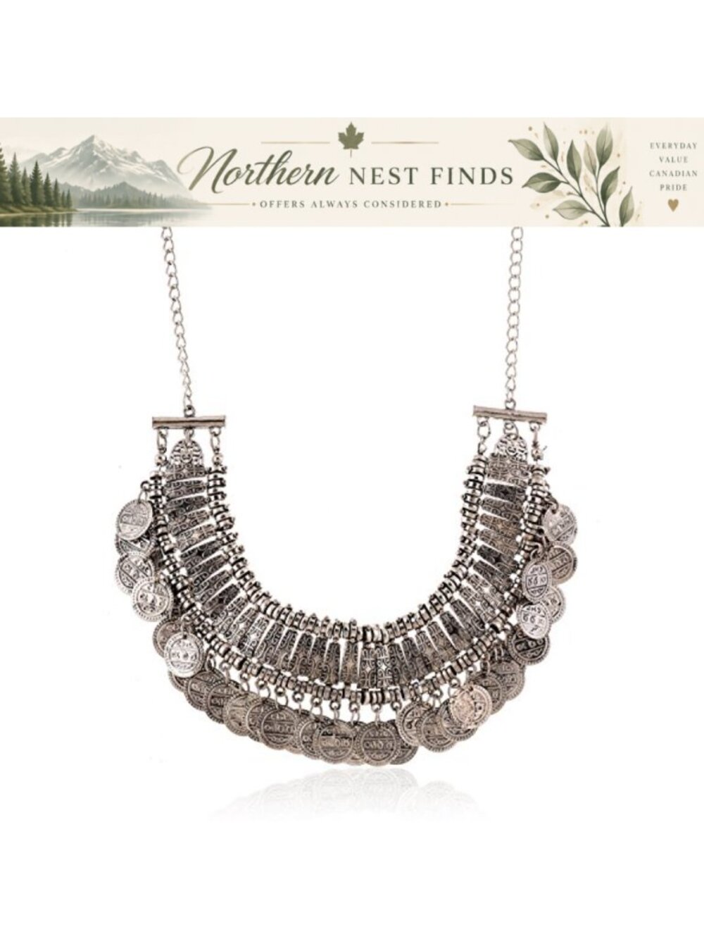 Vintage Engraved Coin Bib Statement Necklace Antique Plated